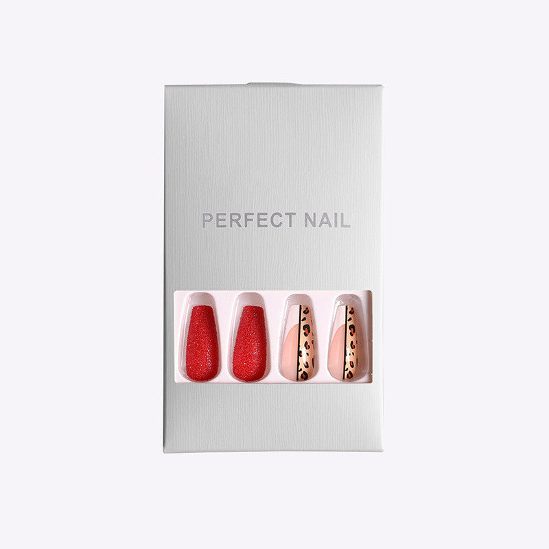 Red Leopard Print Ballet False Nails – Long Press-On Acrylic Tips for DIY & Salon Manicure