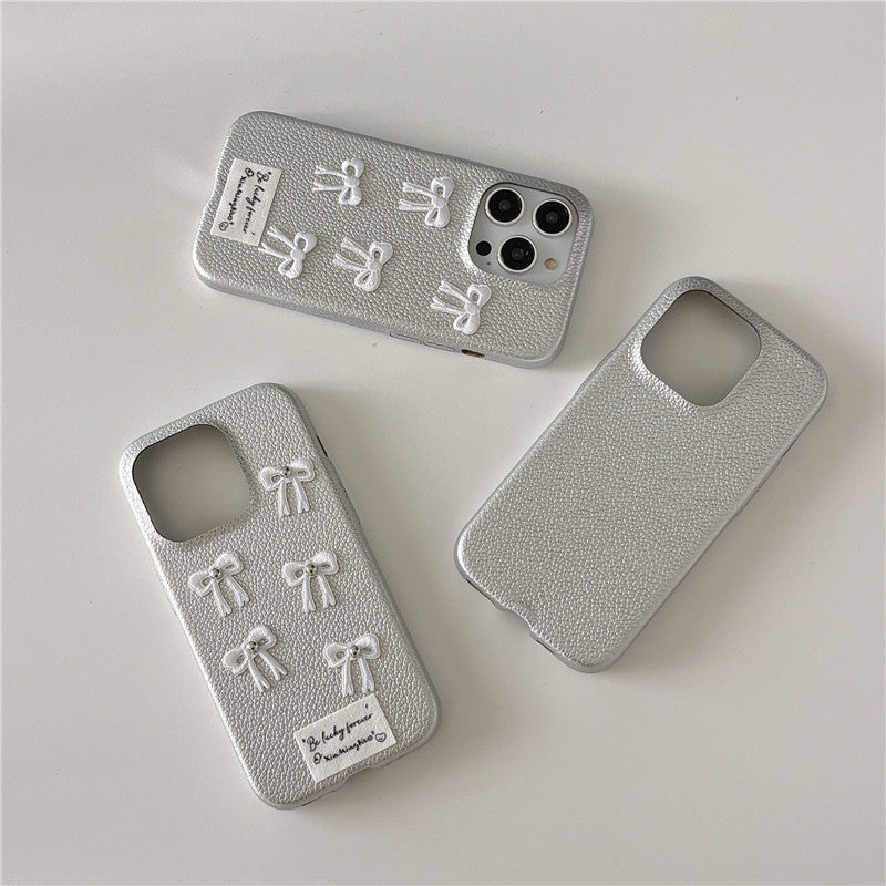 Simple Silver Leather iPhone 15 Pro Max Case – Elegant Bow Design Protective Cover