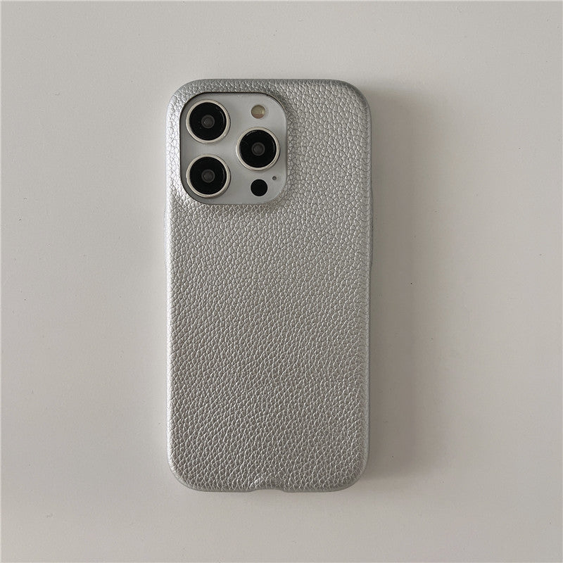 Simple Silver Leather iPhone 15 Pro Max Case – Elegant Bow Design Protective Cover