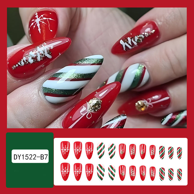 24 Pcs Christmas False Nails – Hat & Snowflake Striped Press-On Tips with Holiday Nail Art Stickers