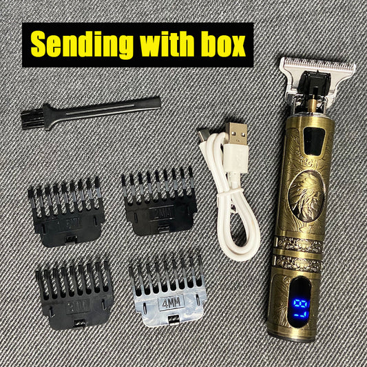 Professional Electric Hair Clipper – T9 Retro Oil Head Trimmer with LCD Display & USB Rechargeable Engraving Blade