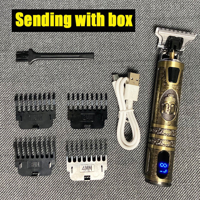 Professional Electric Hair Clipper – T9 Retro Oil Head Trimmer with LCD Display & USB Rechargeable Engraving Blade
