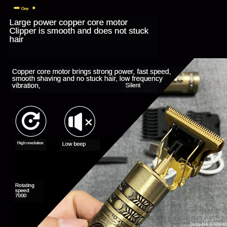 Professional Electric Hair Clipper – T9 Retro Oil Head Trimmer with LCD Display & USB Rechargeable Engraving Blade