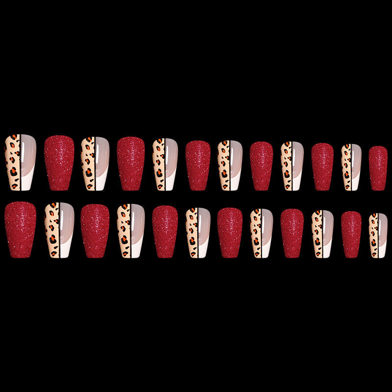 Red Leopard Print Ballet False Nails – Long Press-On Acrylic Tips for DIY & Salon Manicure