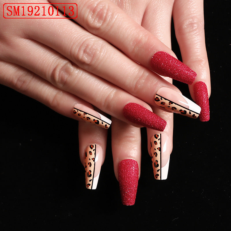 Red Leopard Print Ballet False Nails – Long Press-On Acrylic Tips for DIY & Salon Manicure