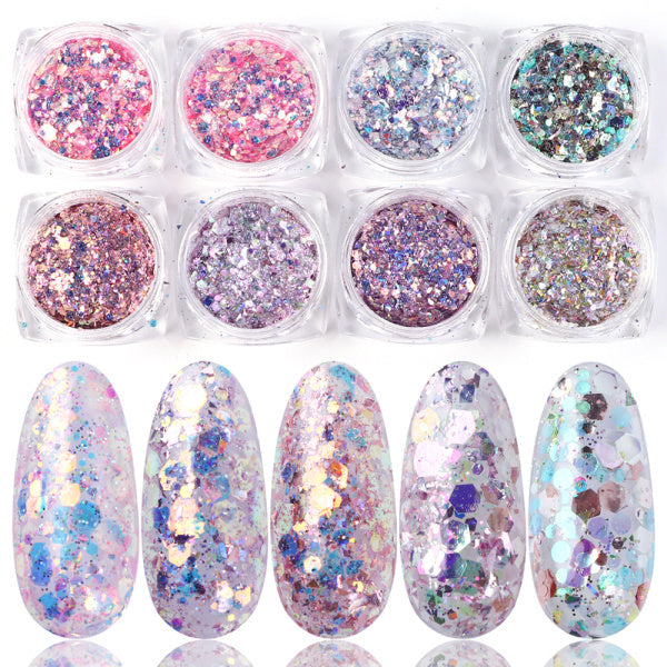 8 Box Mix Glitter Nail Art Powder Flakes Set – Sparkling Nail Dust for Acrylic, Gel & DIY Design