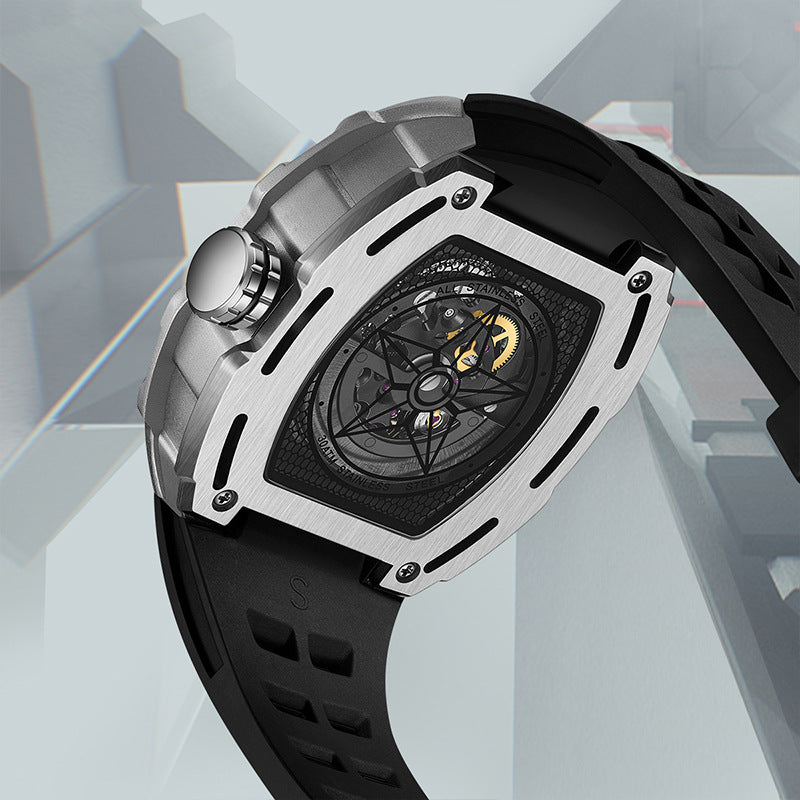 Men’s Barrel-Shaped Hollow Automatic Mechanical Watch – HZ Mobile