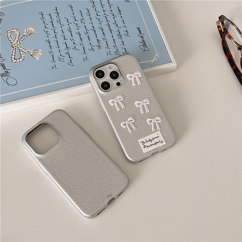 Simple Silver Leather iPhone 15 Pro Max Case – Elegant Bow Design Protective Cover