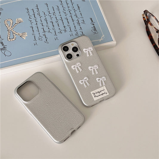 Simple Silver Leather iPhone 15 Pro Max Case – Elegant Bow Design Protective Cover