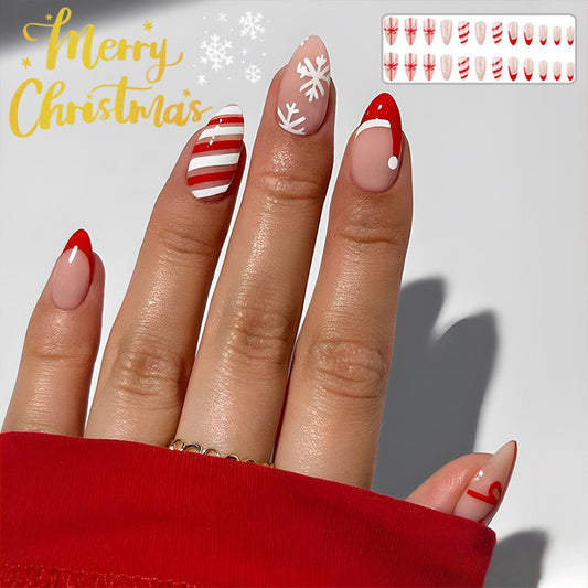 24 Pcs Christmas False Nails – Hat & Snowflake Striped Press-On Tips with Holiday Nail Art Stickers