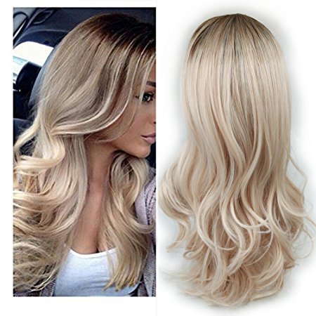 European & American Fashion Long Curly Wig – White Women’s Partial Bangs with Dyed Highlights