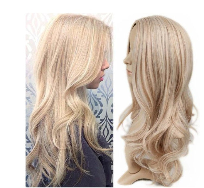 European & American Fashion Long Curly Wig – White Women’s Partial Bangs with Dyed Highlights