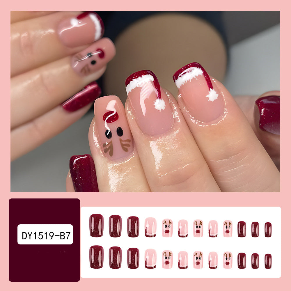 24 Pcs Christmas False Nails – Hat & Snowflake Striped Press-On Tips with Holiday Nail Art Stickers