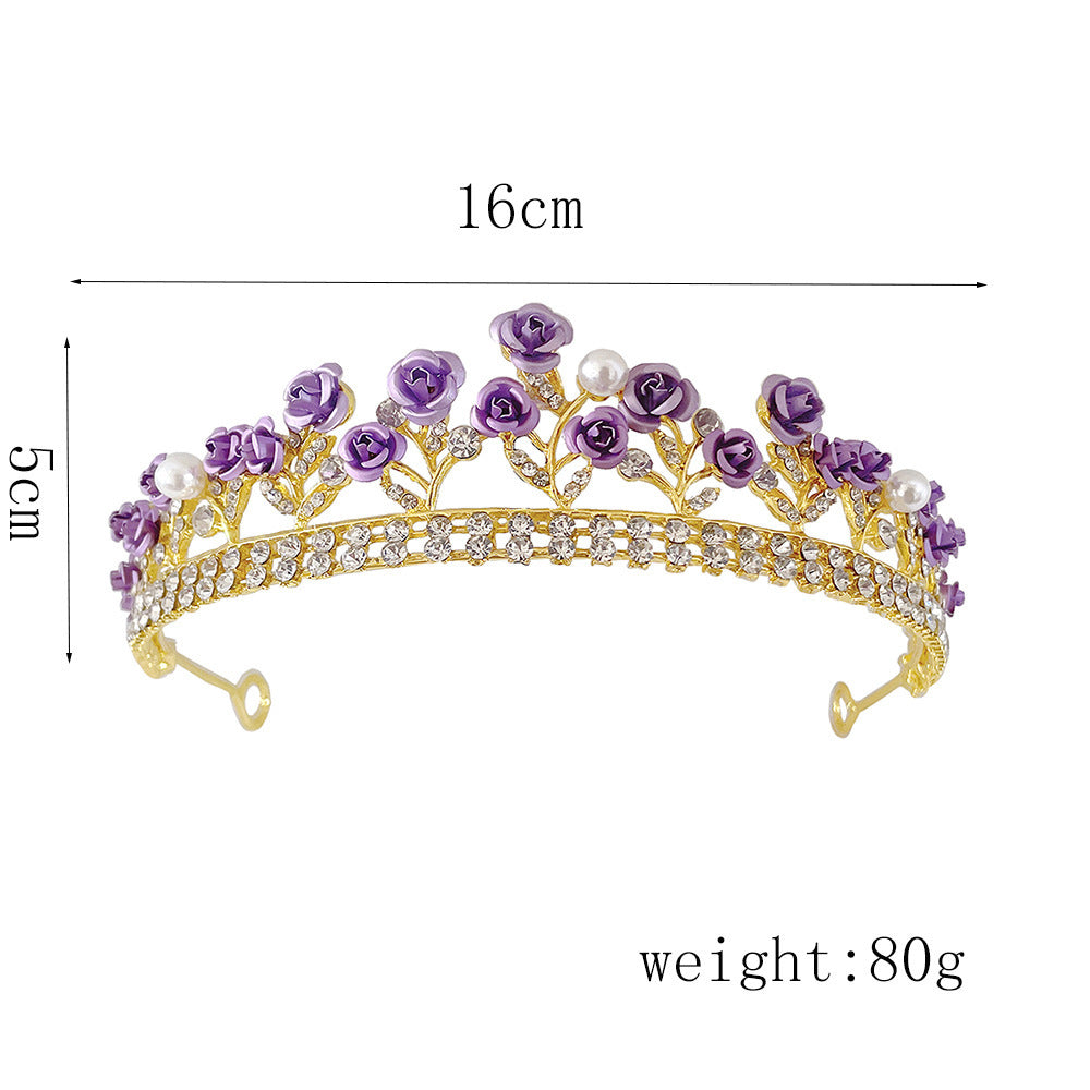 Purple Rose Crystal Crown – Elegant Tiara Headpiece for Weddings, Proms & Princess Parties