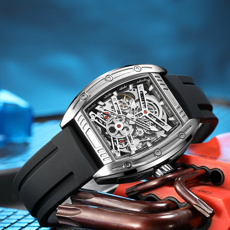 Men’s Wine Barrel Mechanical Watch with Silicone Strap – HZ Mobile