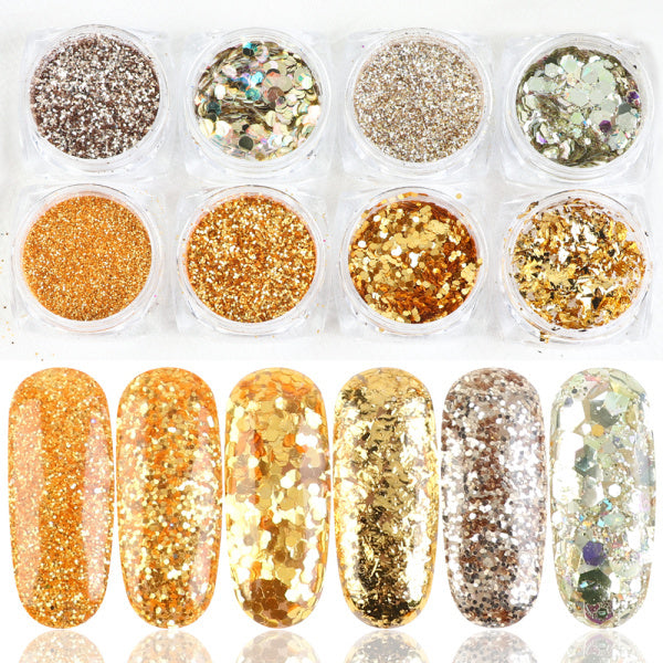 8 Box Mix Glitter Nail Art Powder Flakes Set – Sparkling Nail Dust for Acrylic, Gel & DIY Design