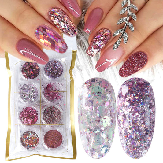 8 Box Mix Glitter Nail Art Powder Flakes Set – Sparkling Nail Dust for Acrylic, Gel & DIY Design