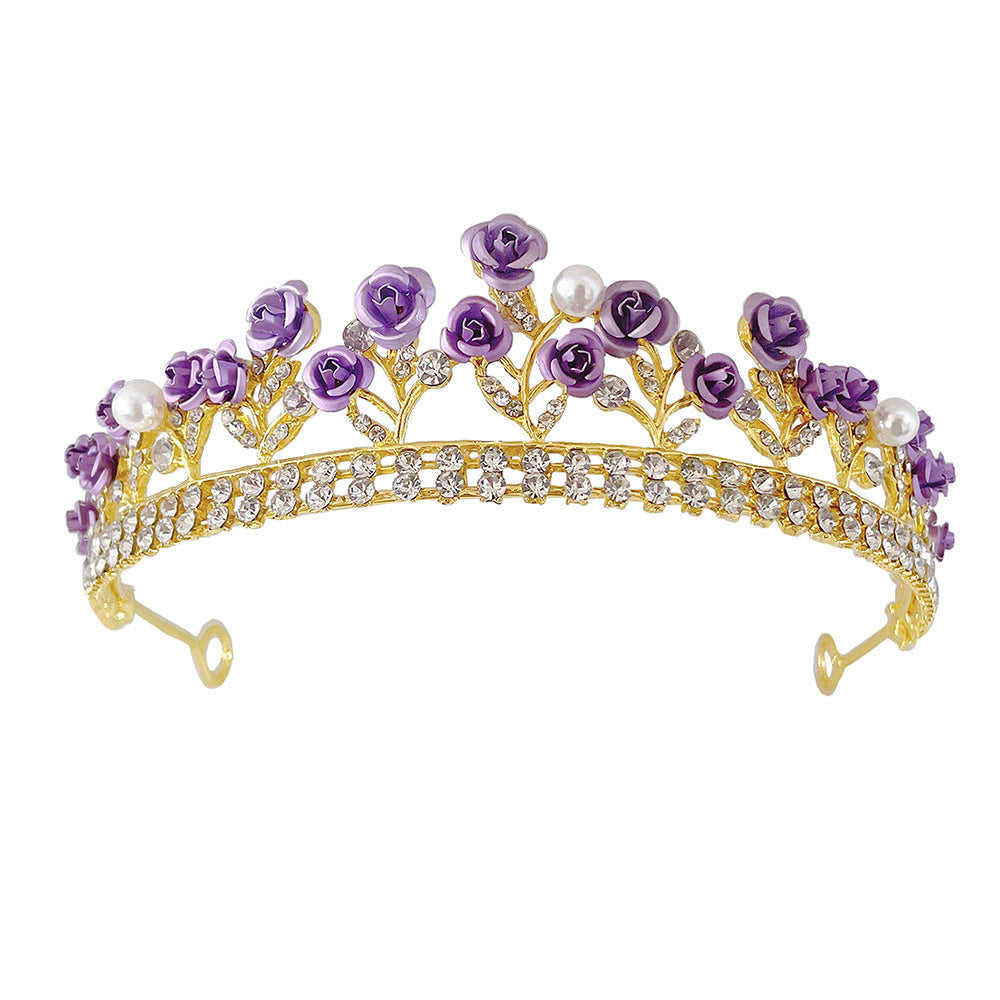 Purple Rose Crystal Crown – Elegant Tiara Headpiece for Weddings, Proms & Princess Parties