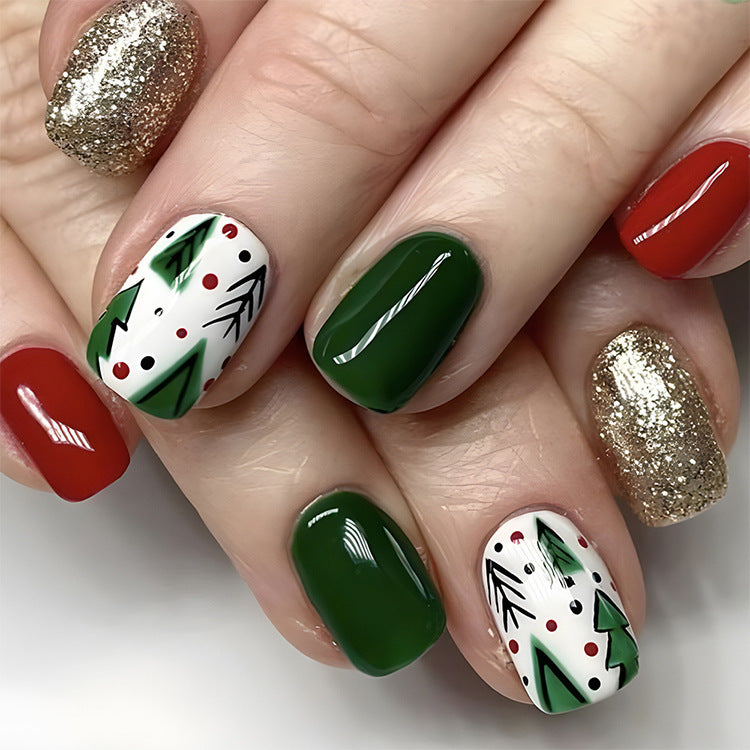 24 Pcs Christmas False Nails – Hat & Snowflake Striped Press-On Tips with Holiday Nail Art Stickers