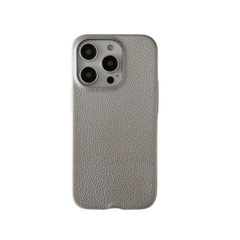 Simple Silver Leather iPhone 15 Pro Max Case – Elegant Bow Design Protective Cover