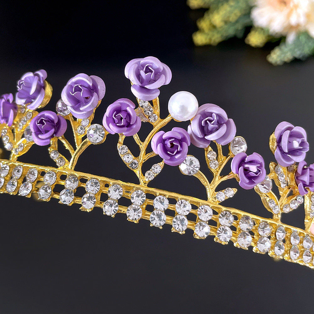 Purple Rose Crystal Crown – Elegant Tiara Headpiece for Weddings, Proms & Princess Parties