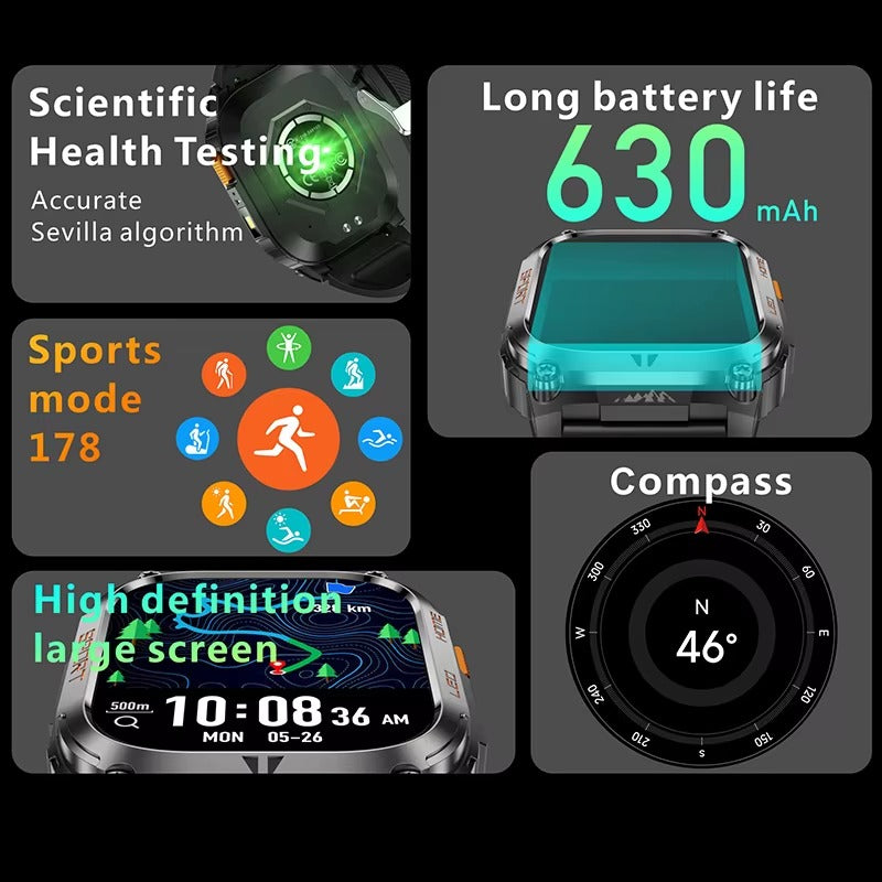 AWQX18 Smartwatch – Military Style Fitness Tracker with GPS, Compass & Bluetooth Call