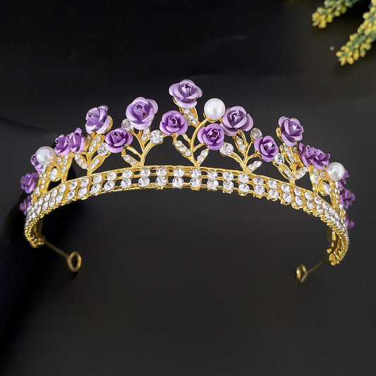 Purple Rose Crystal Crown – Elegant Tiara Headpiece for Weddings, Proms & Princess Parties