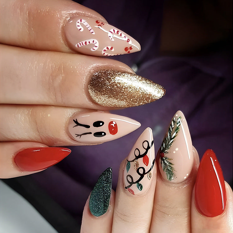 24 Pcs Christmas False Nails – Hat & Snowflake Striped Press-On Tips with Holiday Nail Art Stickers