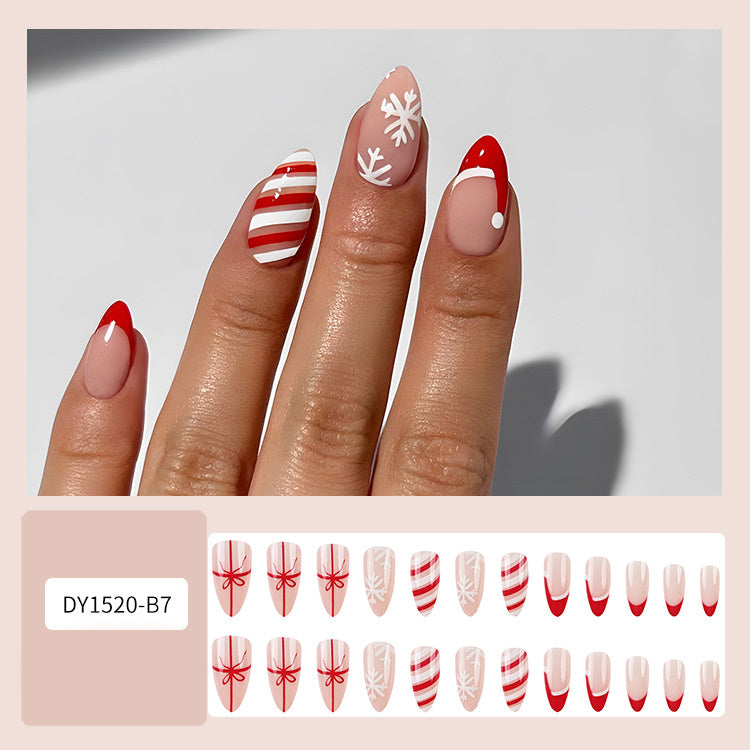 24 Pcs Christmas False Nails – Hat & Snowflake Striped Press-On Tips with Holiday Nail Art Stickers