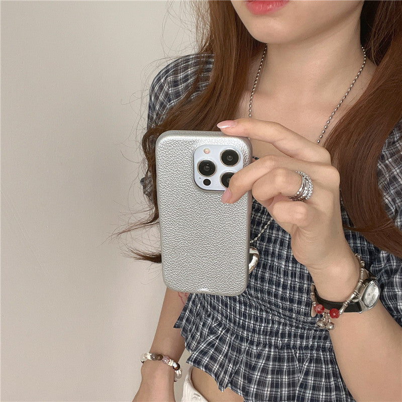 Simple Silver Leather iPhone 15 Pro Max Case – Elegant Bow Design Protective Cover